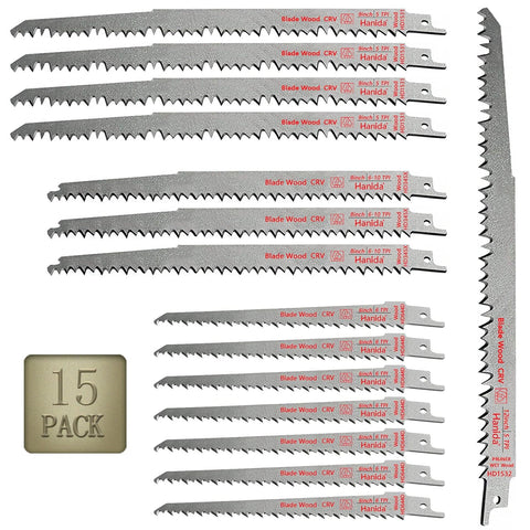 12 Inch 1-Pack, 9 Inch 4-Pack, 8 Inch 3-Pack and 6 Inch 7-Pack Wood Pruning Reciprocating Saw Blades-15 Pack
